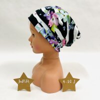 Beanie Blumen gestreift schwarz/ weiß