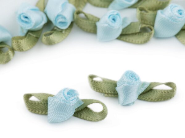 Satinröschen mit Blättern 10mm x 26mm hellblau